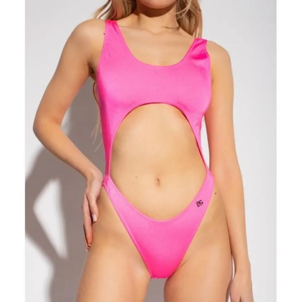 BCBGENERATION RIBBED KNIT HIGH LEG CUT OUT PINK ONE-PIECE SWIMSUIT SZ Me…